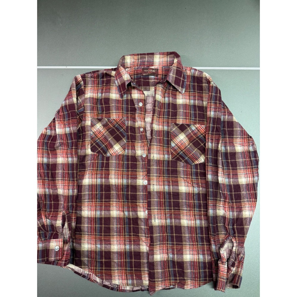 Kingsport Vintage Mens Plaid Flannel Shirt‎ Burgundy Cream 100% Cotton Medium